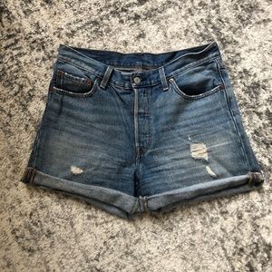 LEVI'S 501 Cuffed Long Distressed Denim Shorts